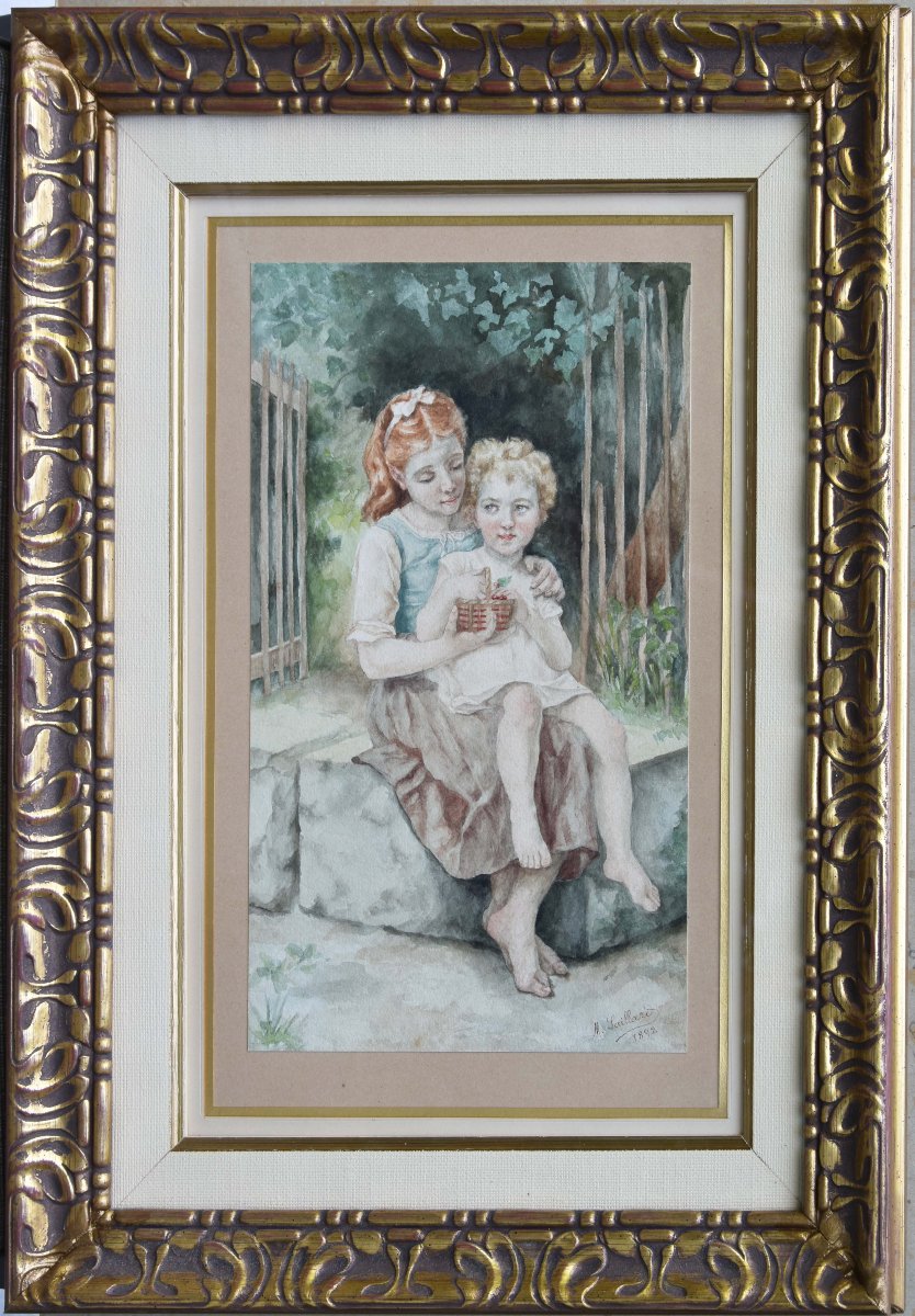 M. SAILLARD  "Le panier de cerises" 1892 aquarelle 29x17,5